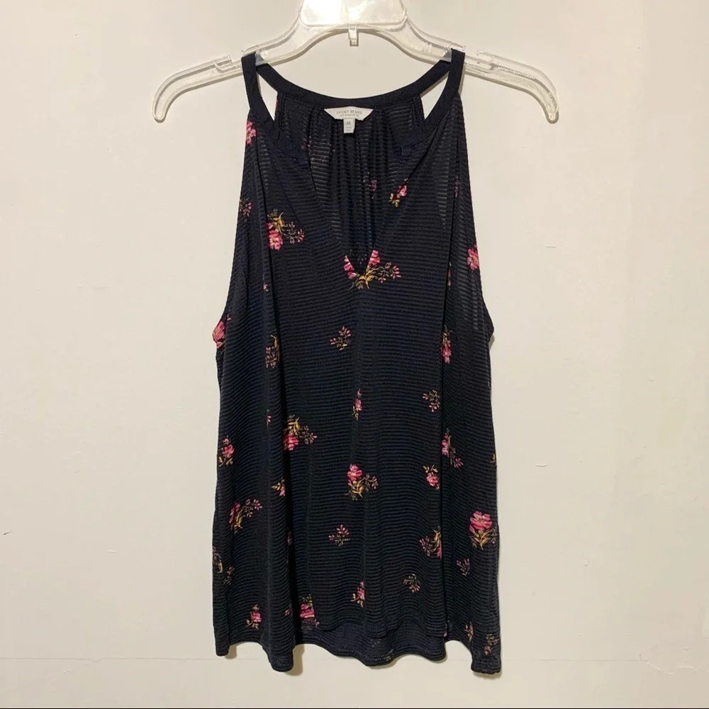 Lucky Brand Sheer Navy Stripe Floral Sleeveless Top size M